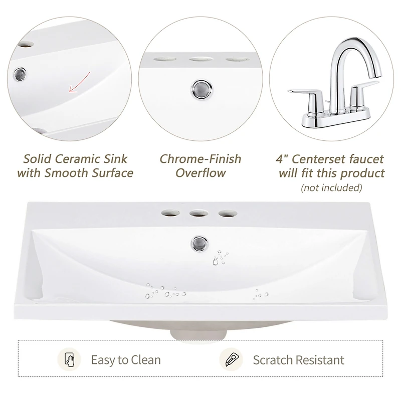 Streamdale 24" Ceramic Vanity Top, White Basin, 3-Faucet Holes