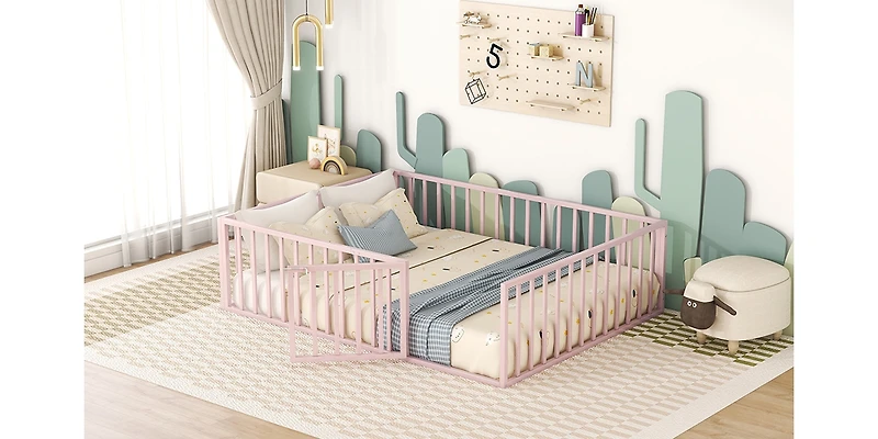 Streamdale Queen Metal Floor Bed Frame With Fence And Door