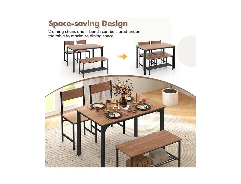 4 Pieces Rustic Dining Table Set with 2 Chairs and Bench