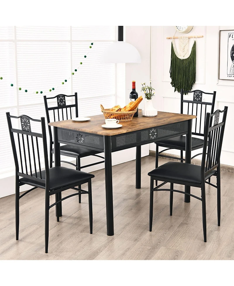Sugift 5 Pieces Dining Set Wood Metal Table and 4 Chairs with Cushions