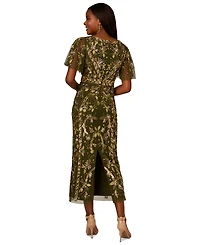 Adrianna Papell Women's V-Neck Embellished Flutter-Sleeve Dress