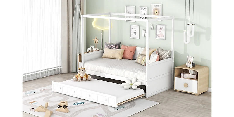 Streamdale Twin Size Canopy Day Bed With Twin Size Trundle, White