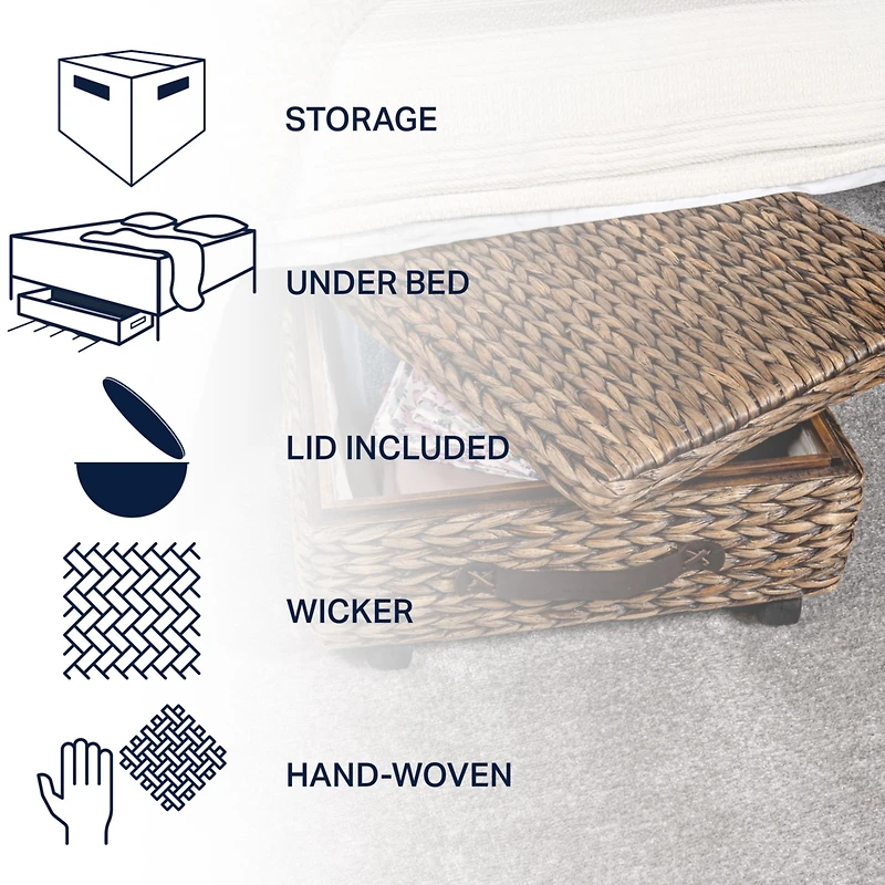 Chett 26.38" Minimalist Hand-Woven Hyacinth/Wood Underbed Storage Bin with Wheels and Handles