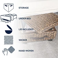 Chett 26.38" Minimalist Hand-Woven Hyacinth/Wood Underbed Storage Bin with Wheels and Handles
