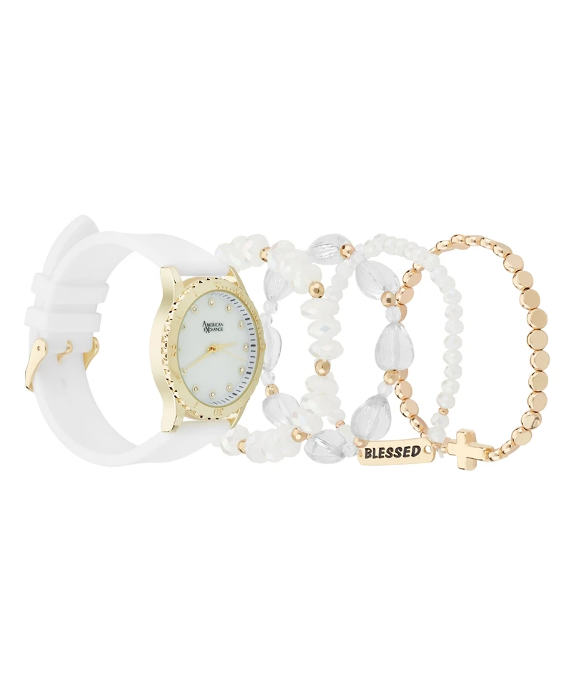 American Exchange Women's Matte White Silicone Strap Analog Watch 38mm with Stackable Bracelets Gift Set