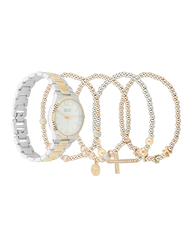 American Exchange Women's Shiny Two-Tone Metal Alloy Analog Watch 33mm with Stackable Bracelets Gift Set