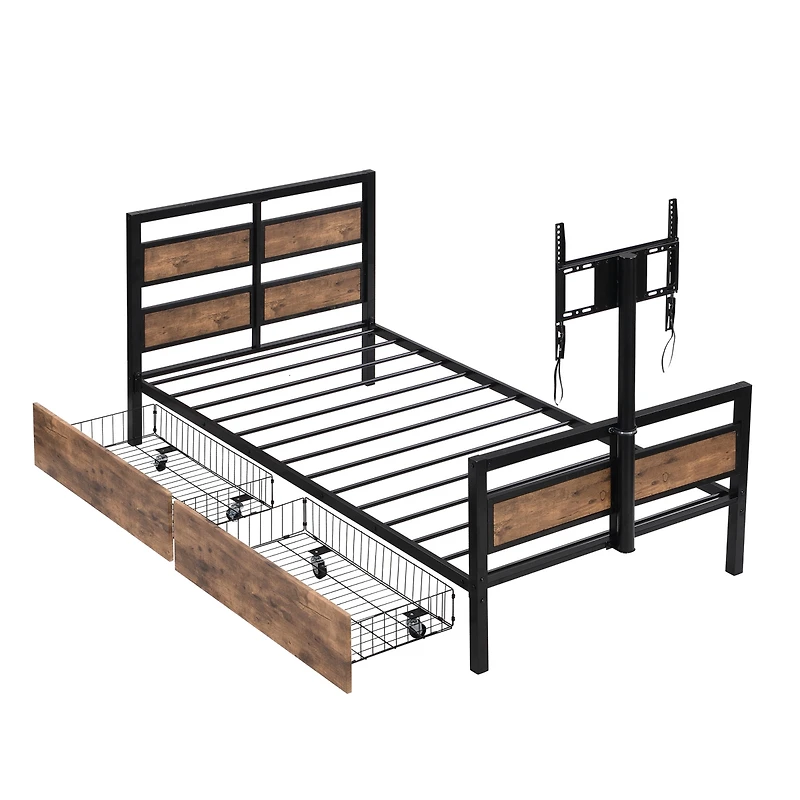 Streamdale Metal Platform Bed with Storage Drawers and Rotatable Tv Stand
