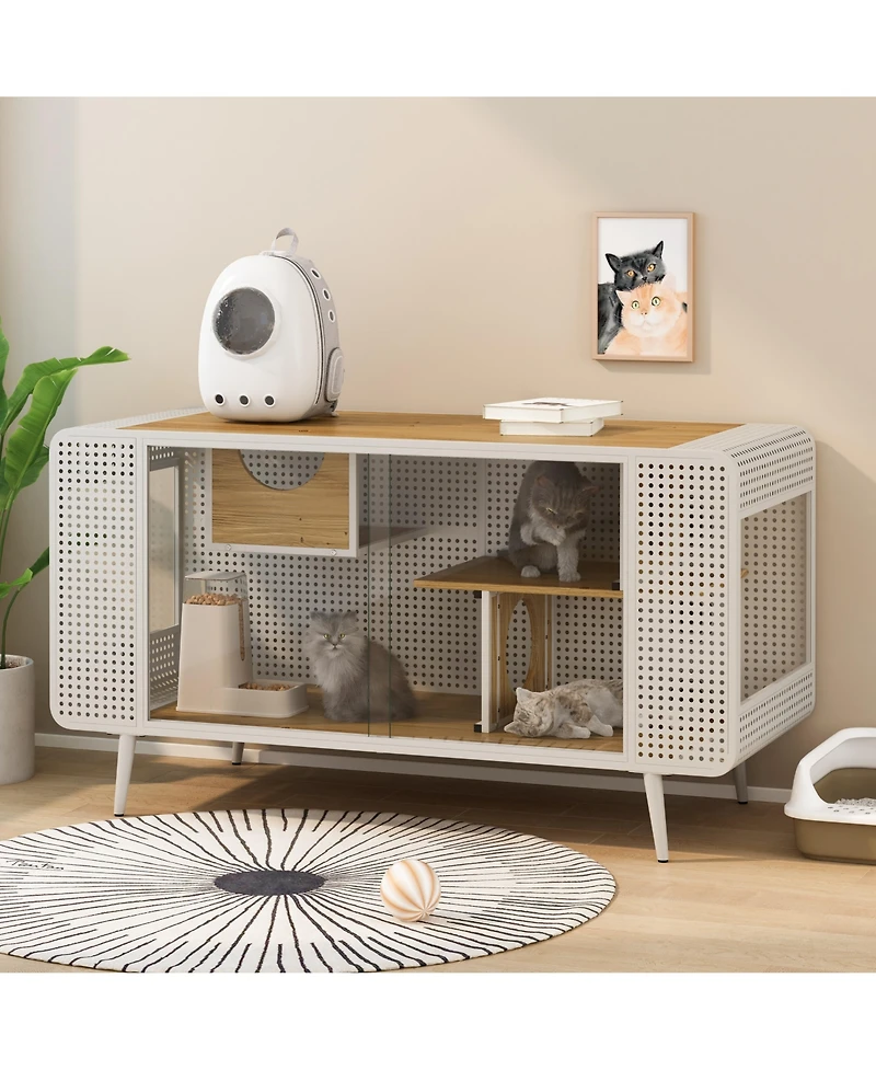 Streamdale Furniture Modern Cat House Spacious & Cozy Oasis with Stylish Iron Frame and Tempered Glass