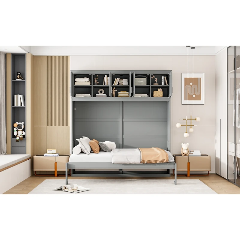 Streamdale Full Murphy Bed Wall with Top Cabinets, Gray