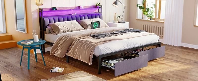Streamdale King Bed Frames With Storage and Led Platform Frame