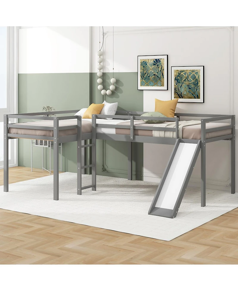 Simplie Fun L-Shaped Twin Size Loft Bed With Ladder And Slide, Gray