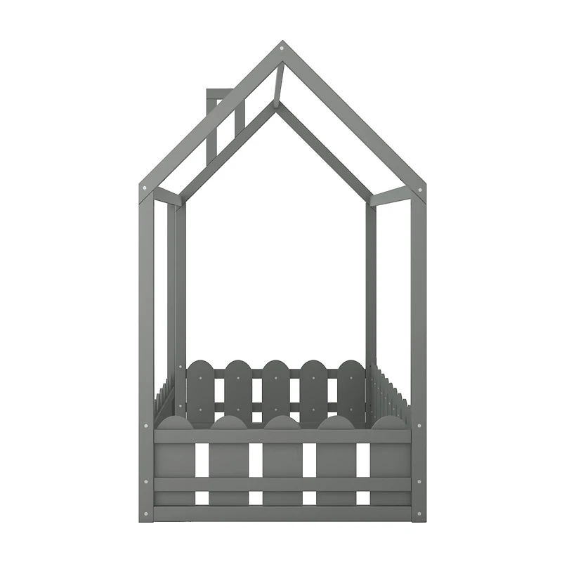 Streamdale Twin Wood Bed House Frame With Fence, For Kids, Teens, Girl