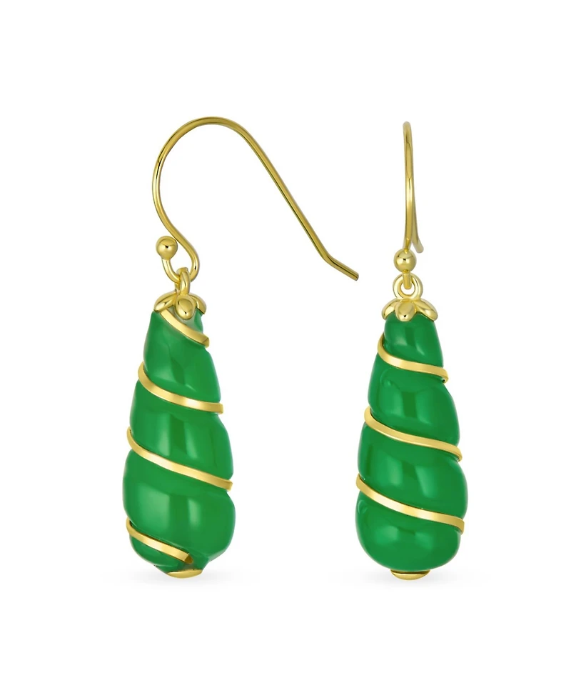 Bling Jewelry Classic Elegant Long Chandelier Natural Dark Green Jade Teardrop Dangle Earrings 14K Yellow Gold Overlay Twisting Swirl Accent .925 Ster