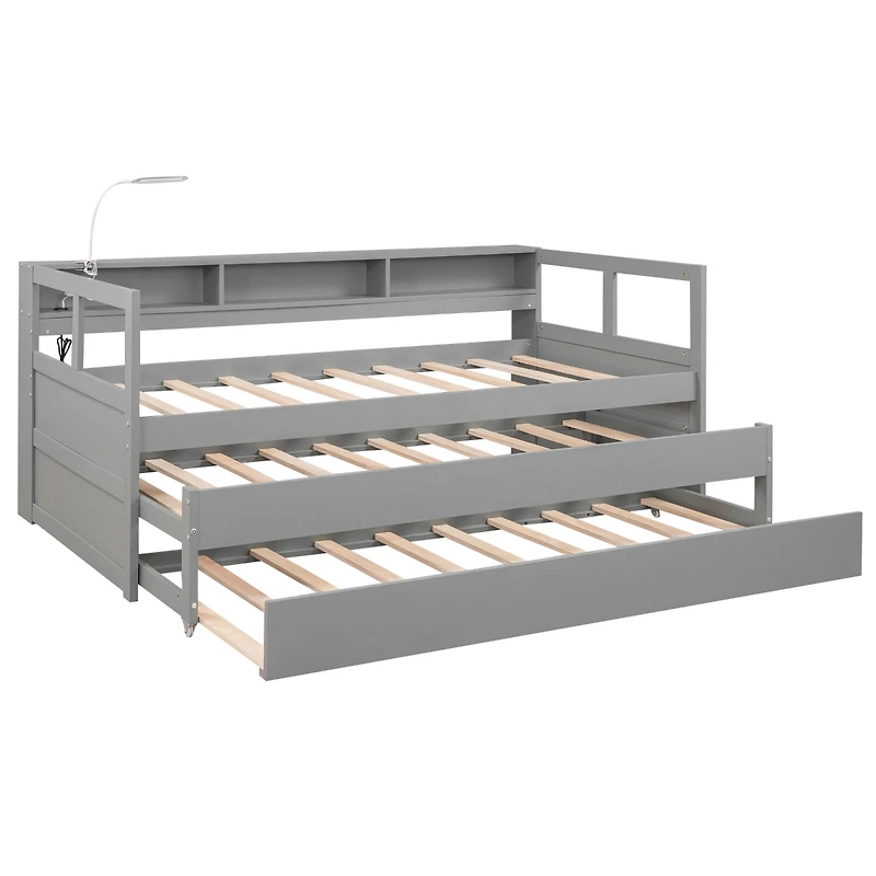 Streamdale Twin Xl Wood Daybed with Trundles, Cubbies, & Charging