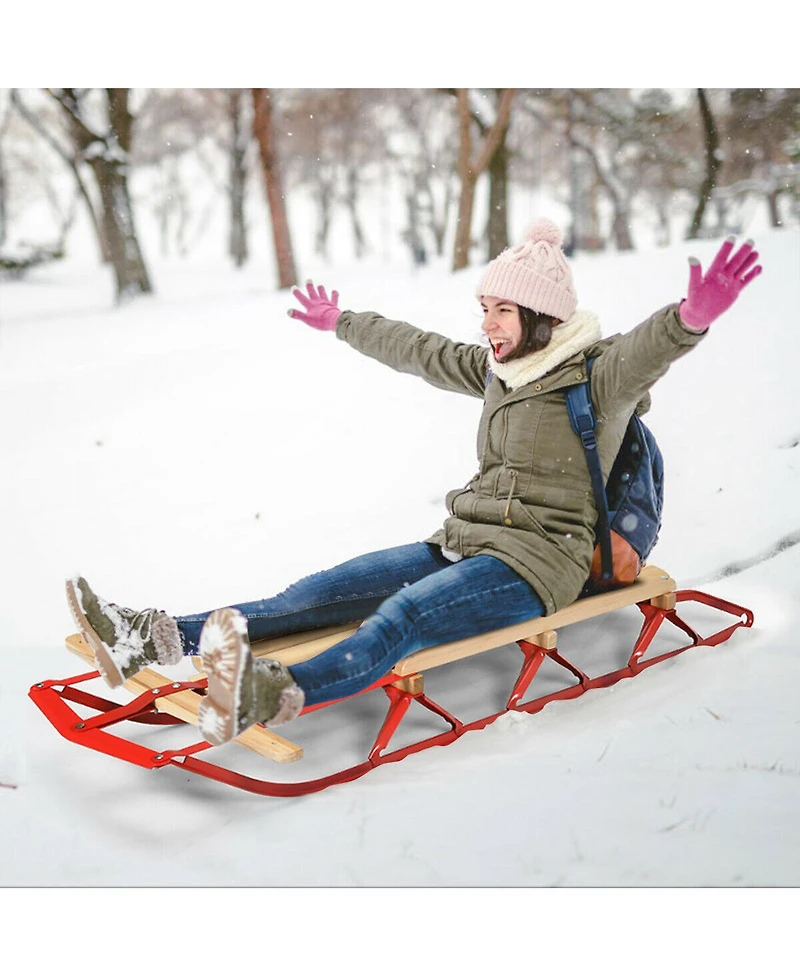 Givimo 54 Inch Kids Wooden Snow Sled with Metal Runners and Steering Bar