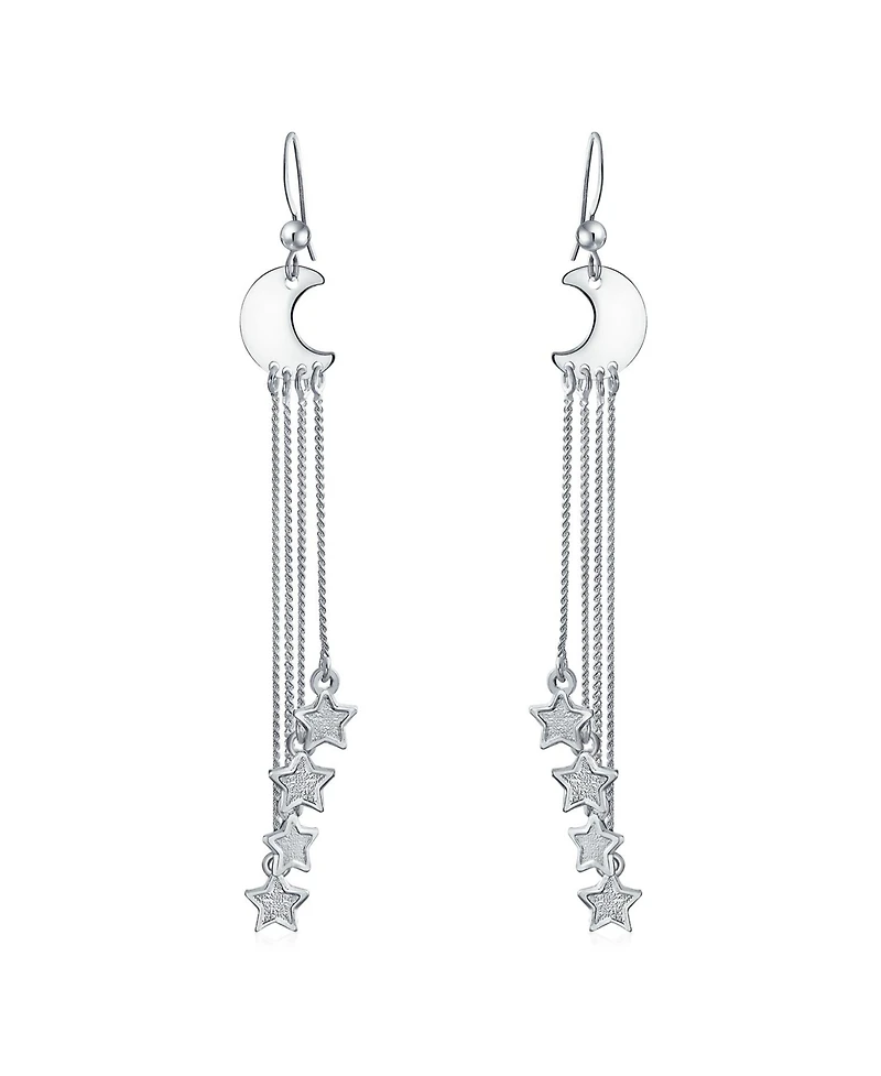 Bling Jewelry Astrology Statement Celestial Crescent Moon Stars Dangle Earrings Multi Chain Three Stars Charms Jewelry Sterling Silver Fish Wire