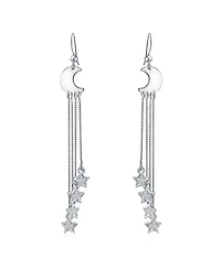 Bling Jewelry Astrology Statement Celestial Crescent Moon Stars Dangle Earrings Multi Chain Three Stars Charms Jewelry Sterling Silver Fish Wire