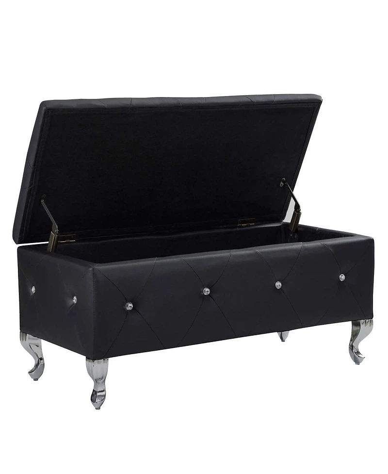 Streamdale Furniture Black Faux Leather Storage Ottoman Bench with Crystal Buttons