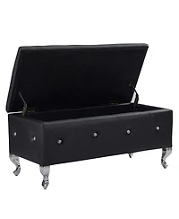 Streamdale Furniture Black Faux Leather Storage Ottoman Bench with Crystal Buttons
