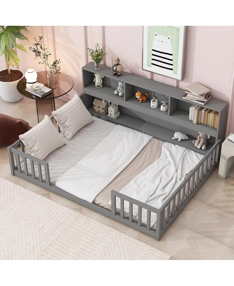 Simplie Fun Full Floor Bed With Side Bookcase, Shelves, Guardrails, Grey