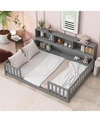 Simplie Fun Full Floor Bed With Side Bookcase, Shelves, Guardrails, Grey
