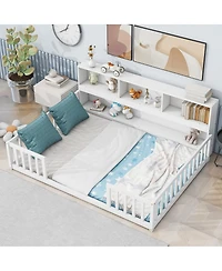 Simplie Fun Full Floor Bed With Side Bookcase, Shelves, Guardrails, White