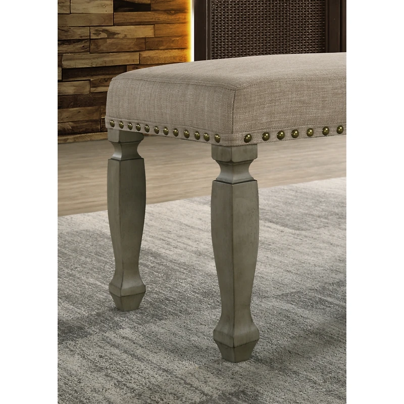 Antique Gray Finish Upholstered Nailhead Bench