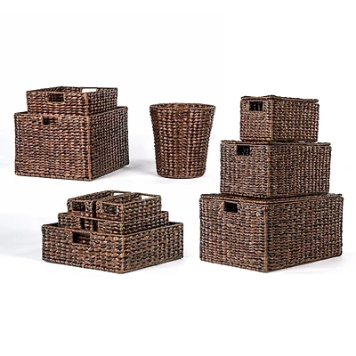 Jonathan Y Traditional Assorted Hand-Woven Hyacinth/Iron Baskets, Dark Brown Wash (Set of 10)