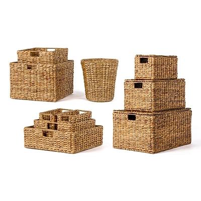 Jonathan Y Traditional Assorted Hand-Woven Hyacinth/Iron Baskets, Dark Brown Wash (Set of 10)