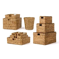 Jonathan Y Traditional Assorted Hand-Woven Hyacinth/Iron Baskets, Dark Brown Wash (Set of 10)