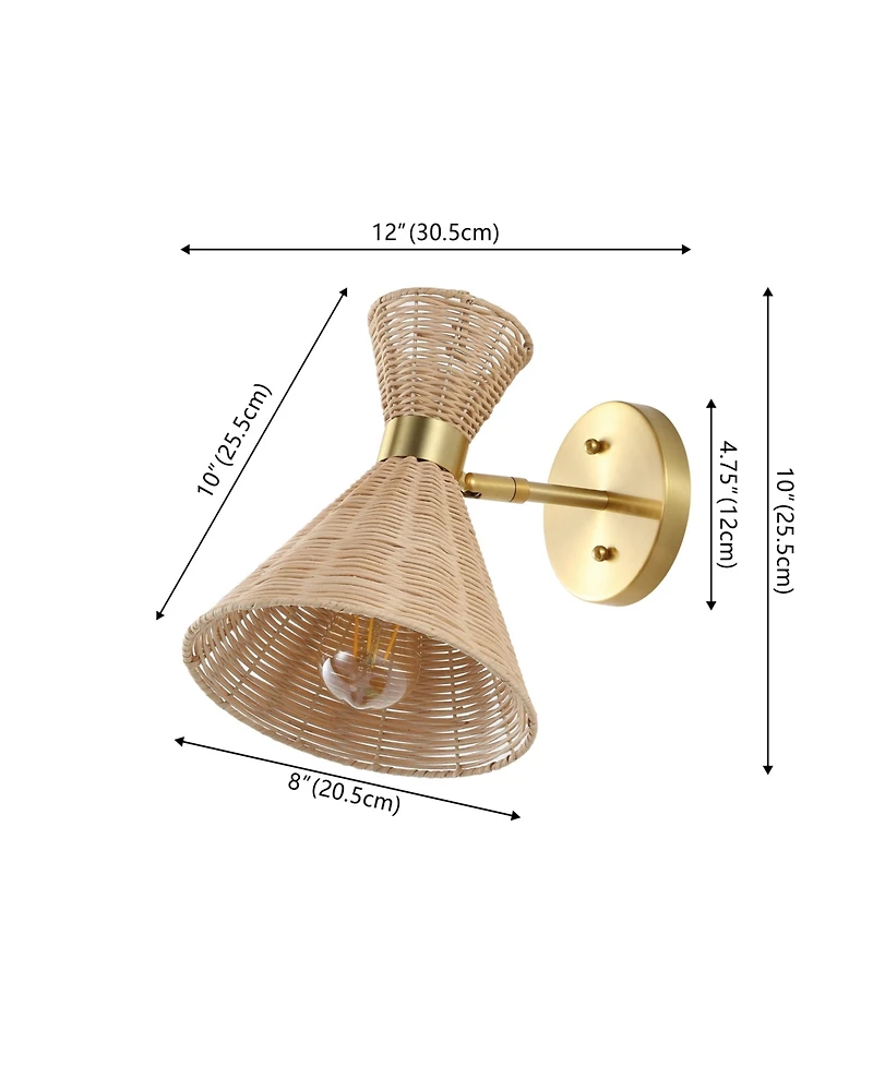 Jonathan Y Zoey 10" 1-Light Mid-Century Vintage Retro Rattan/Metal Led Sconce with Adjustable Shade, Light Brown/Brass Gold