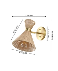 Jonathan Y Zoey 10" 1-Light Mid-Century Vintage Retro Rattan/Metal Led Sconce with Adjustable Shade, Light Brown/Brass Gold