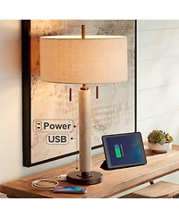 Franklin Iron Works Hugo Modern Mid Century Table Lamp 28 1/2" Tall Whitewashed Column with Usb Charging Port Oatmeal Drum Shade for Living Room