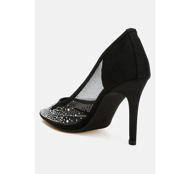 High Ball Mesh Rhinestone Stiletto Pumps