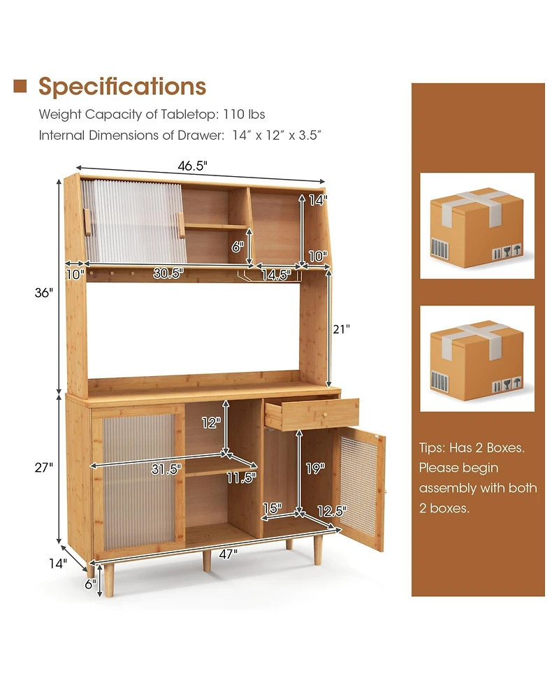 Givimo 69 Inch Wine Bar Kitchen Cabinet with Sliding Tempered Glass and Rattan Door