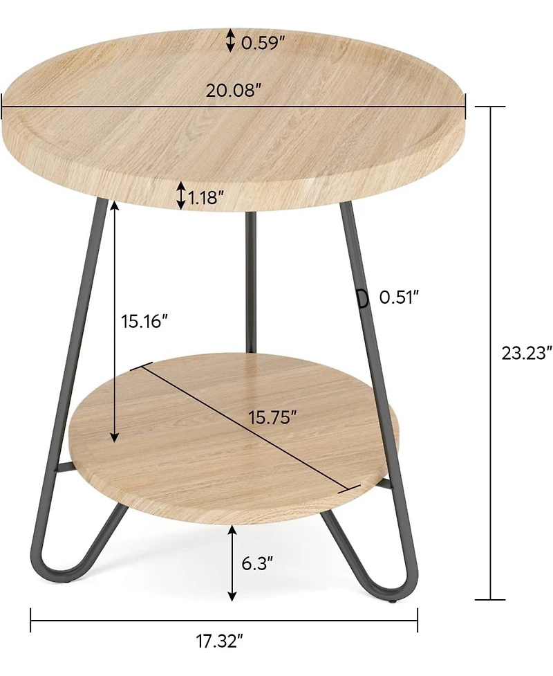 Tribesigns Set of 2 Round Side Table, 2-Tier End Table with Metal Legs, Modern Industrial Beside Table, Small Accent Table Snack Table for Living Room