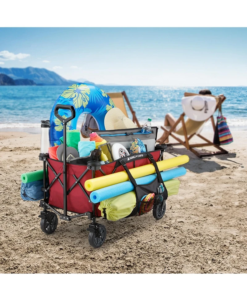 Gorilla Carts 7 Cubic Feet Foldable Utility Beach Wagon with Oversized Bed, Red