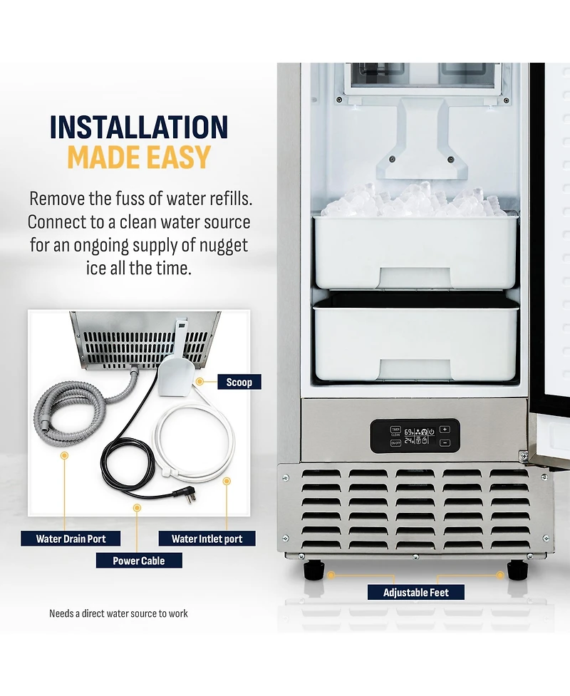 Newair 15” Undercounter Nugget Ice Maker, Pebble Ice Maker Producing 66 lbs. Daily, Built-in or Freestanding in Stainless Steel, Sonic Ice Make