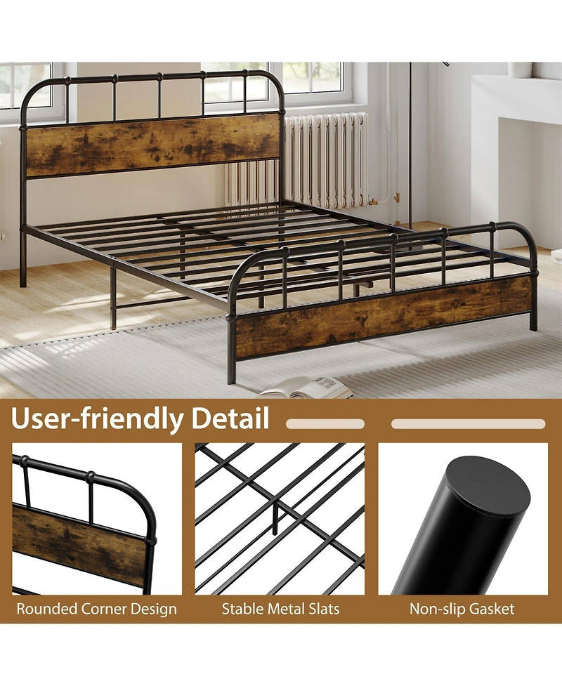 Sugift Queen Size Industrial Metal Platform Bed Frame with Headboard Mattress Foundation-Coffee