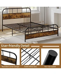 Sugift Queen Size Industrial Metal Platform Bed Frame with Headboard Mattress Foundation-Coffee