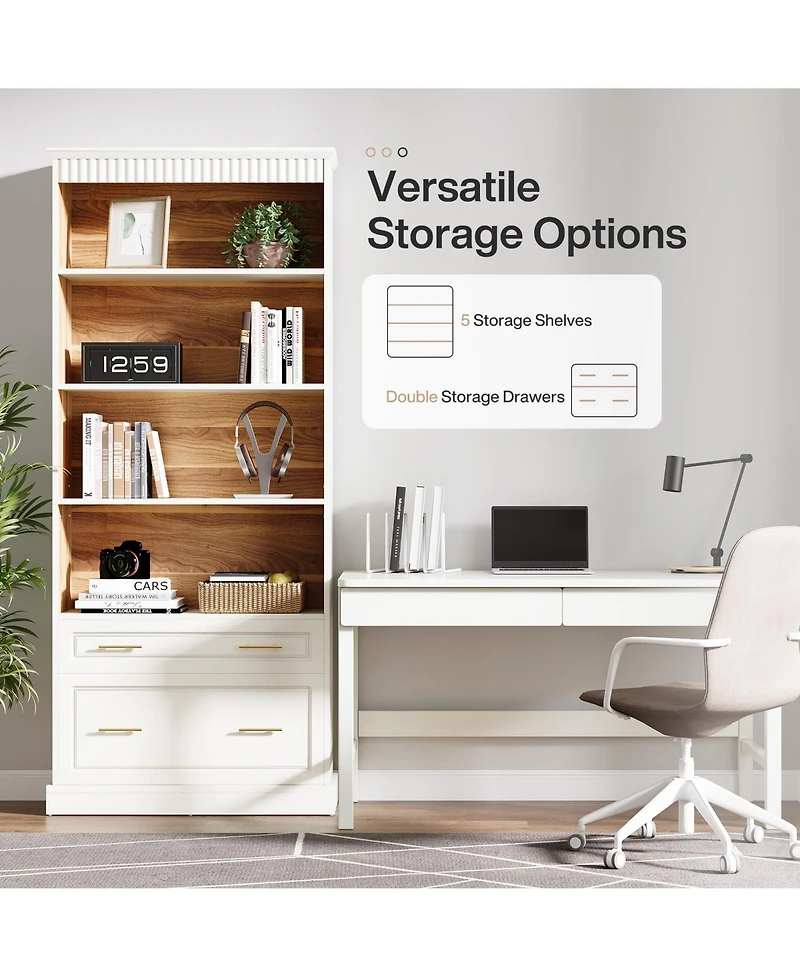 Tribesigns 5-Shelf Bookcase with Drawers, 72" Tall White Bookshelf, Modern Free-Standing Wood Bookcase, Large Open Display Storage Book Shelf for Livi
