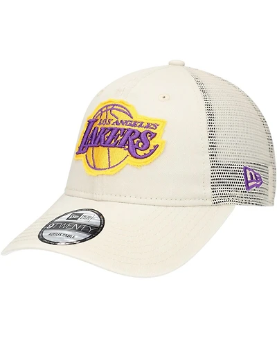 New Era Men's Cream Los Angeles Lakers Rough Edge Logo Trucker 9TWENTY Adjustable Hat