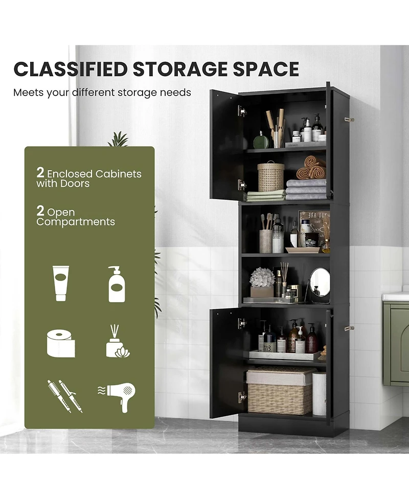Costway 75" Tall Bathroom Storage Cabinet with 4 Doors & 2 Open Compartments Freestanding