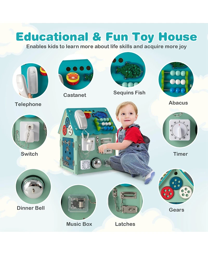 Wooden Busy House Montessori Toy with Sensory Games & Interior Storage Space