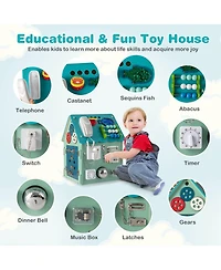 Wooden Busy House Montessori Toy with Sensory Games & Interior Storage Space
