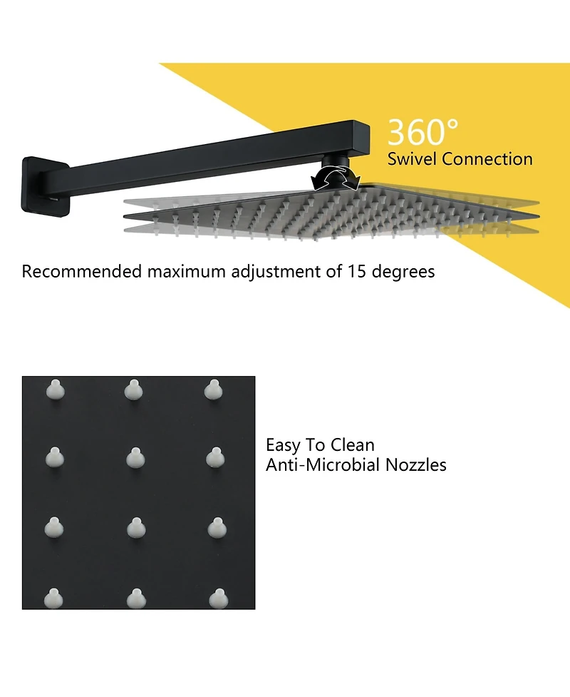 Boyel Living 1-Spray Patterns with 2 Gpm 12 in. Wall Mount Dual Shower Heads with Tub Spout and Pressure Balance Valve in Matte Black