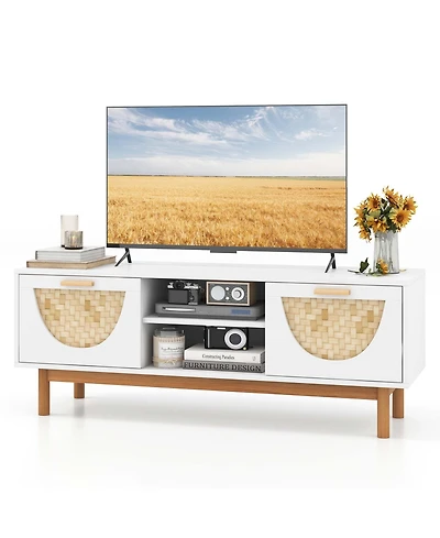 Tv Stand for 55-Inch TVs with 2 Drawers & Bamboo Woven Fronts Solid Wood Legs
