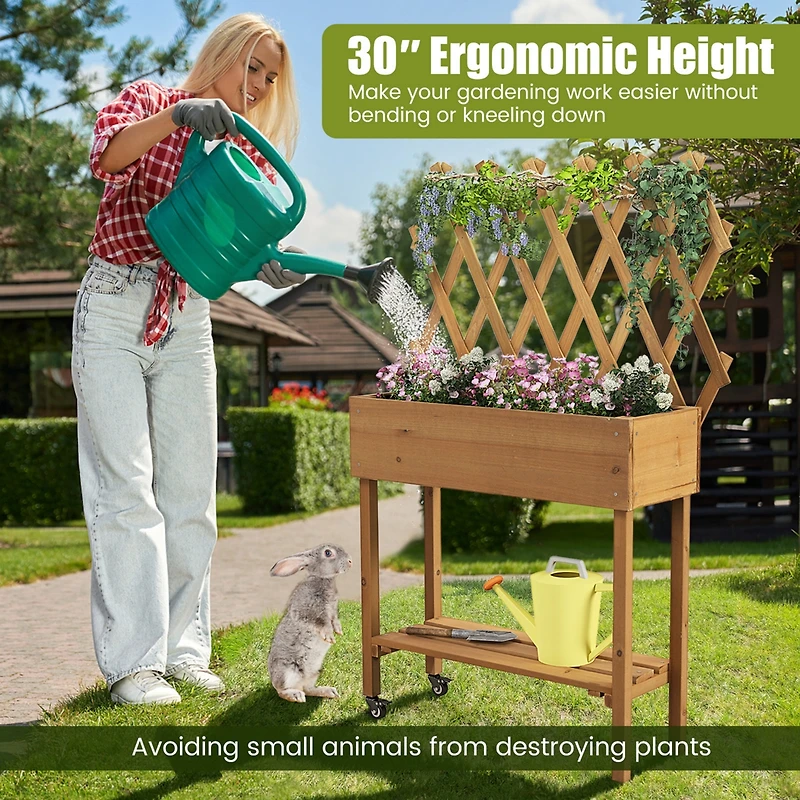 Costway Wood Raised Garden Bed with Trellis Storage Shelf Wheels Liner Drainage Holes