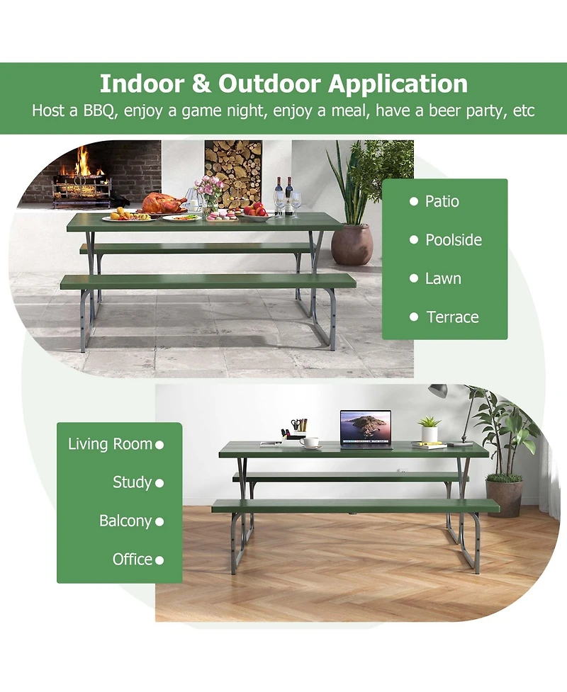 Costway 6 Ft Picnic Table Bench Set Outdoor Dining Table & 2 Benches with Metal Frame