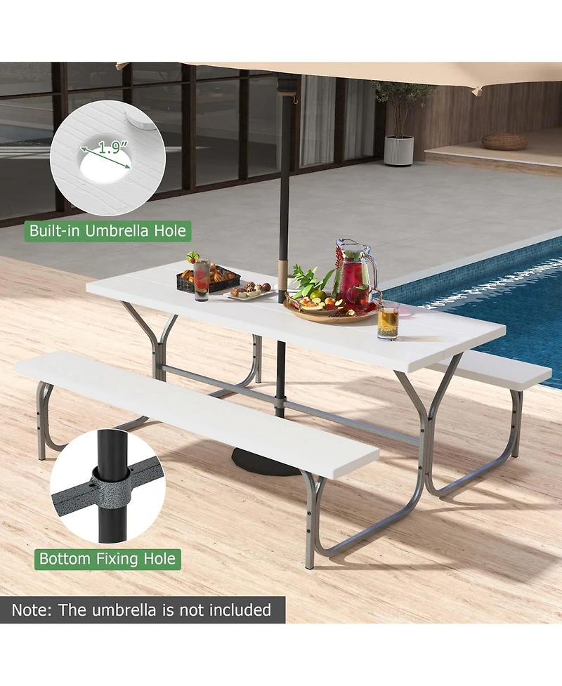 Costway 6 Ft Picnic Table Bench Set Outdoor Dining Table & 2 Benches with Metal Frame